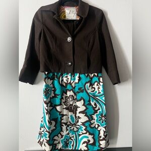 Milly of New York Brown Jacket with Teal, White & Brown Floral Midi Dress